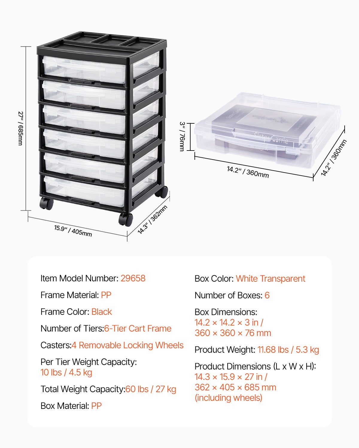 Kitchen & Dining Trolleys: Scrapbook Rolling Storage Cart 6-Tier Large Capacity with 6 Clear Cases Black