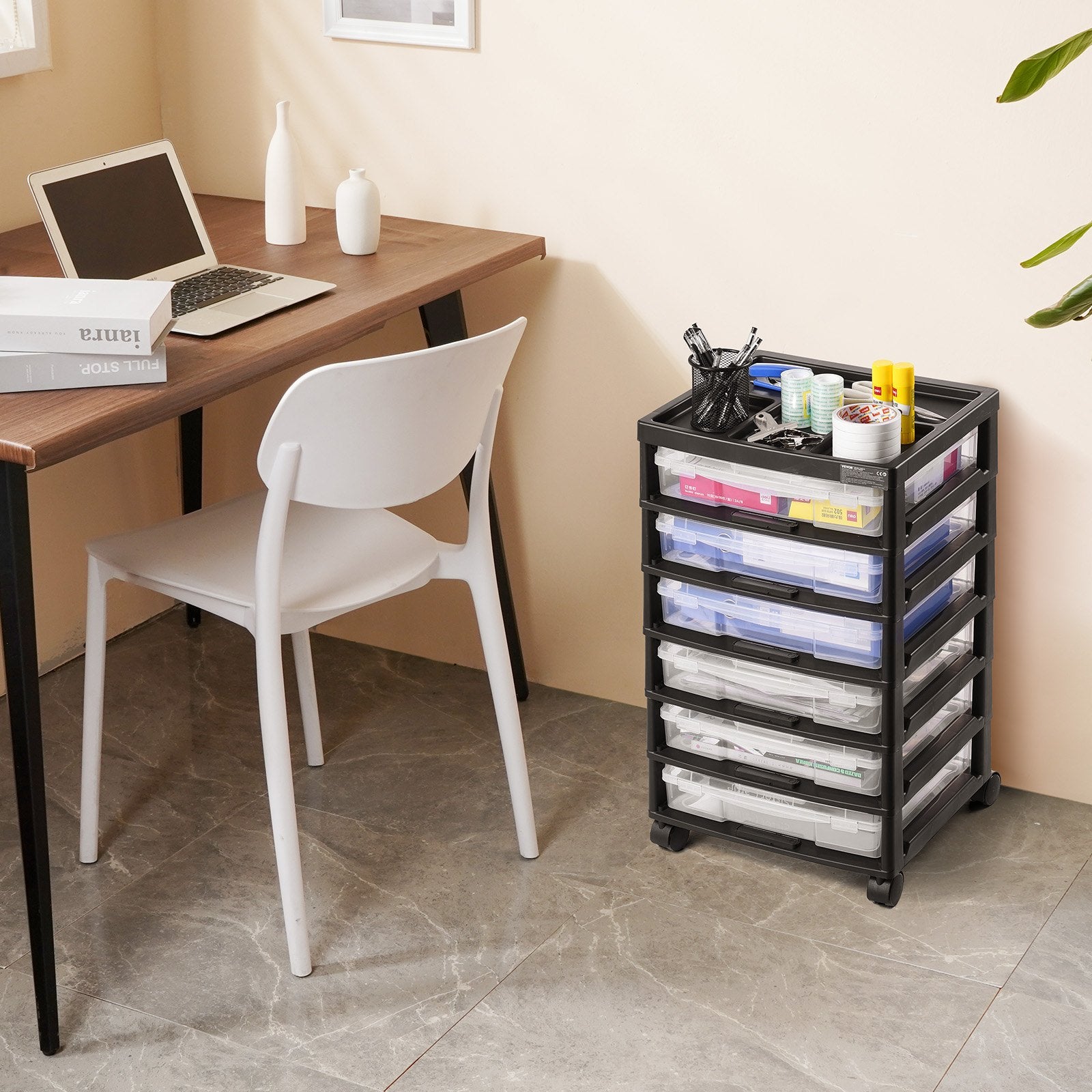Kitchen & Dining Trolleys: Scrapbook Rolling Storage Cart 6-Tier Large Capacity with 6 Clear Cases Black