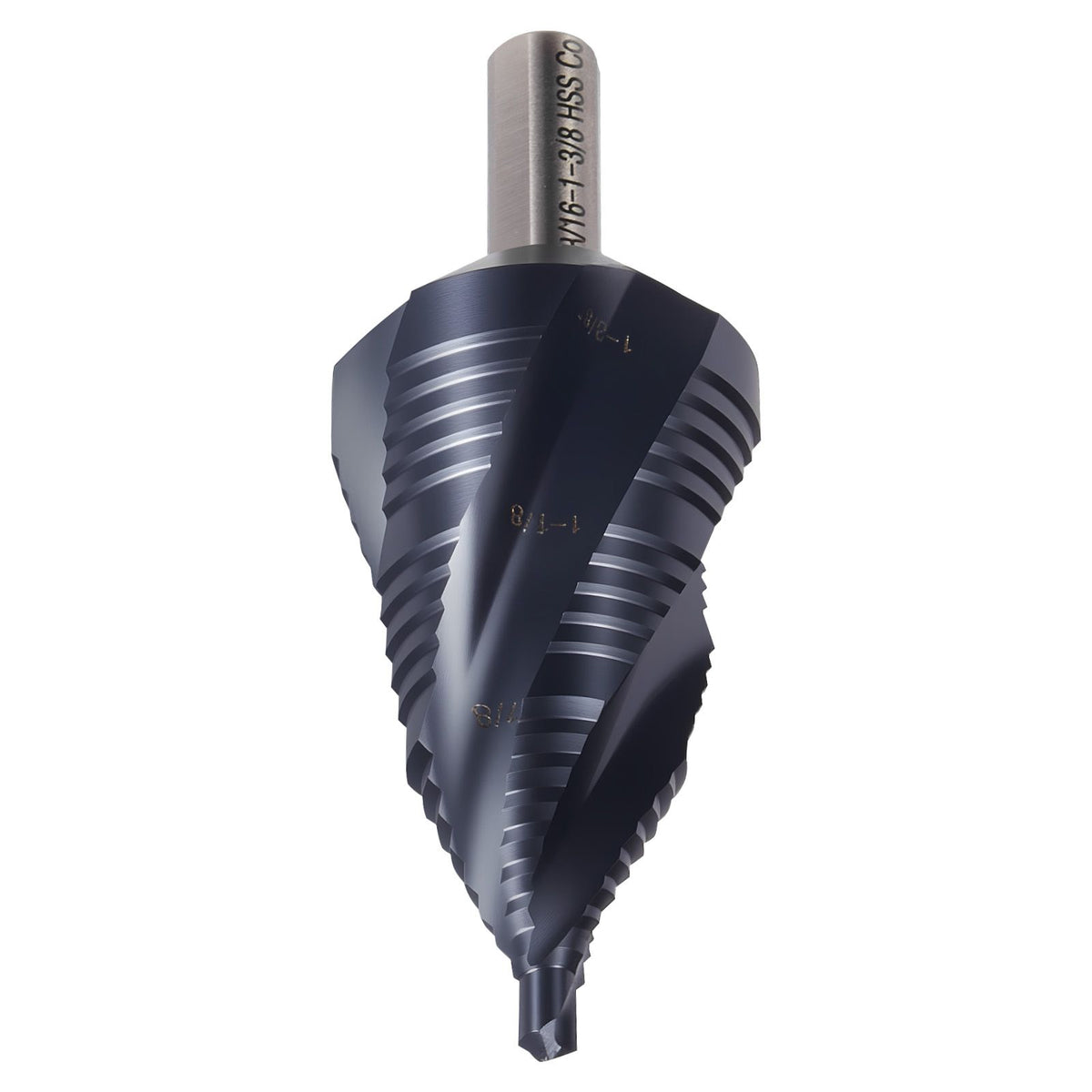 Step Drill Bit, 4.76 to 34.93 mm, 9.53 mm Triangular Shank, TiAlN Coating Cobalt High Speed Steel, Four Spiral Flute Step Bit for Metal, Stainless Steel, Aluminum, Wood, Plastic, Fiberglass