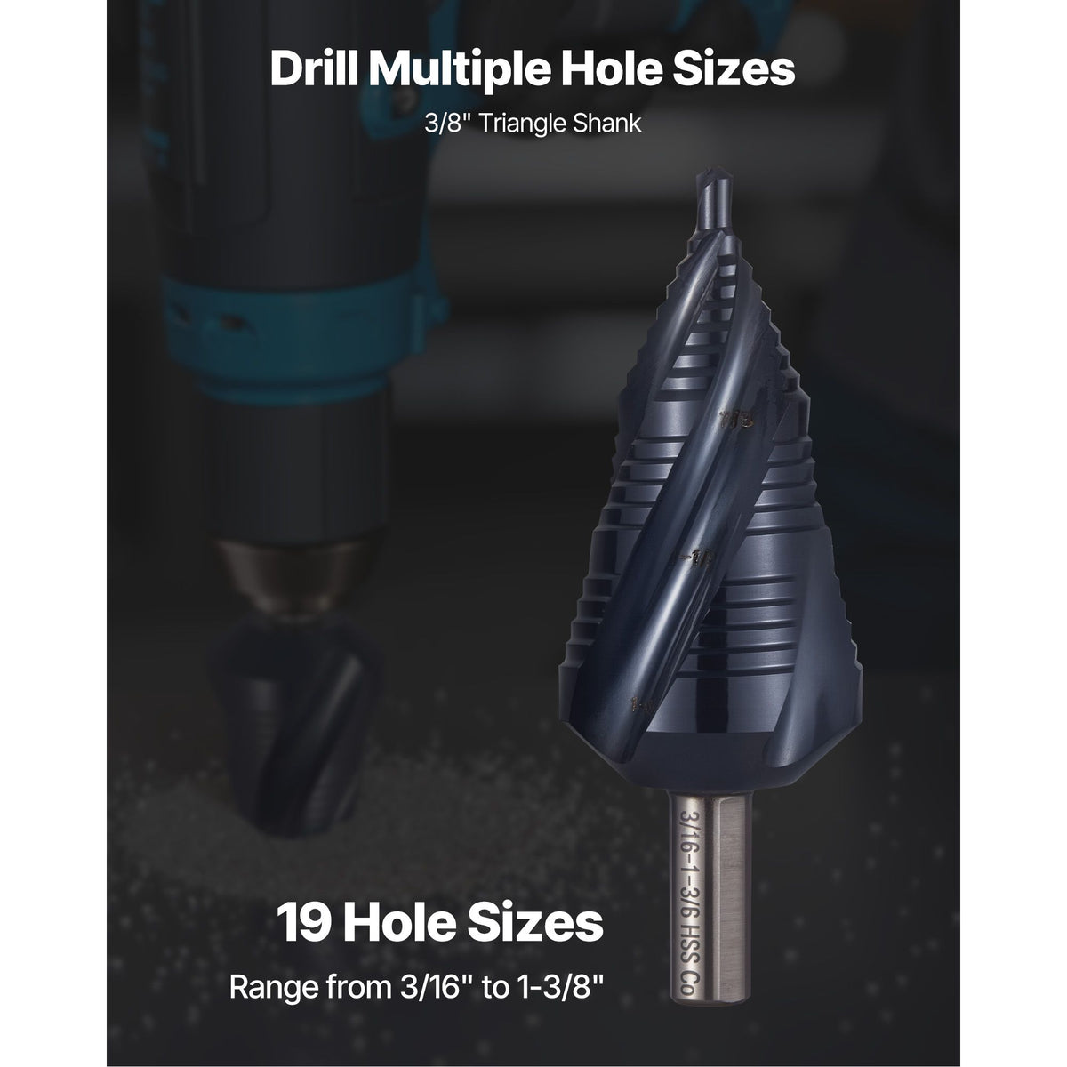 Step Drill Bit, 4.76 to 34.93 mm, 9.53 mm Triangular Shank, TiAlN Coating Cobalt High Speed Steel, Four Spiral Flute Step Bit for Metal, Stainless Steel, Aluminum, Wood, Plastic, Fiberglass