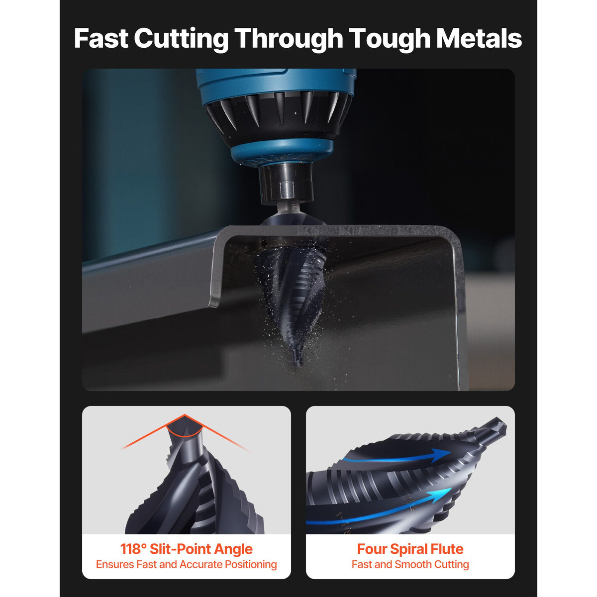 Step Drill Bit, 4.76 to 34.93 mm, 9.53 mm Triangular Shank, TiAlN Coating Cobalt High Speed Steel, Four Spiral Flute Step Bit for Metal, Stainless Steel, Aluminum, Wood, Plastic, Fiberglass