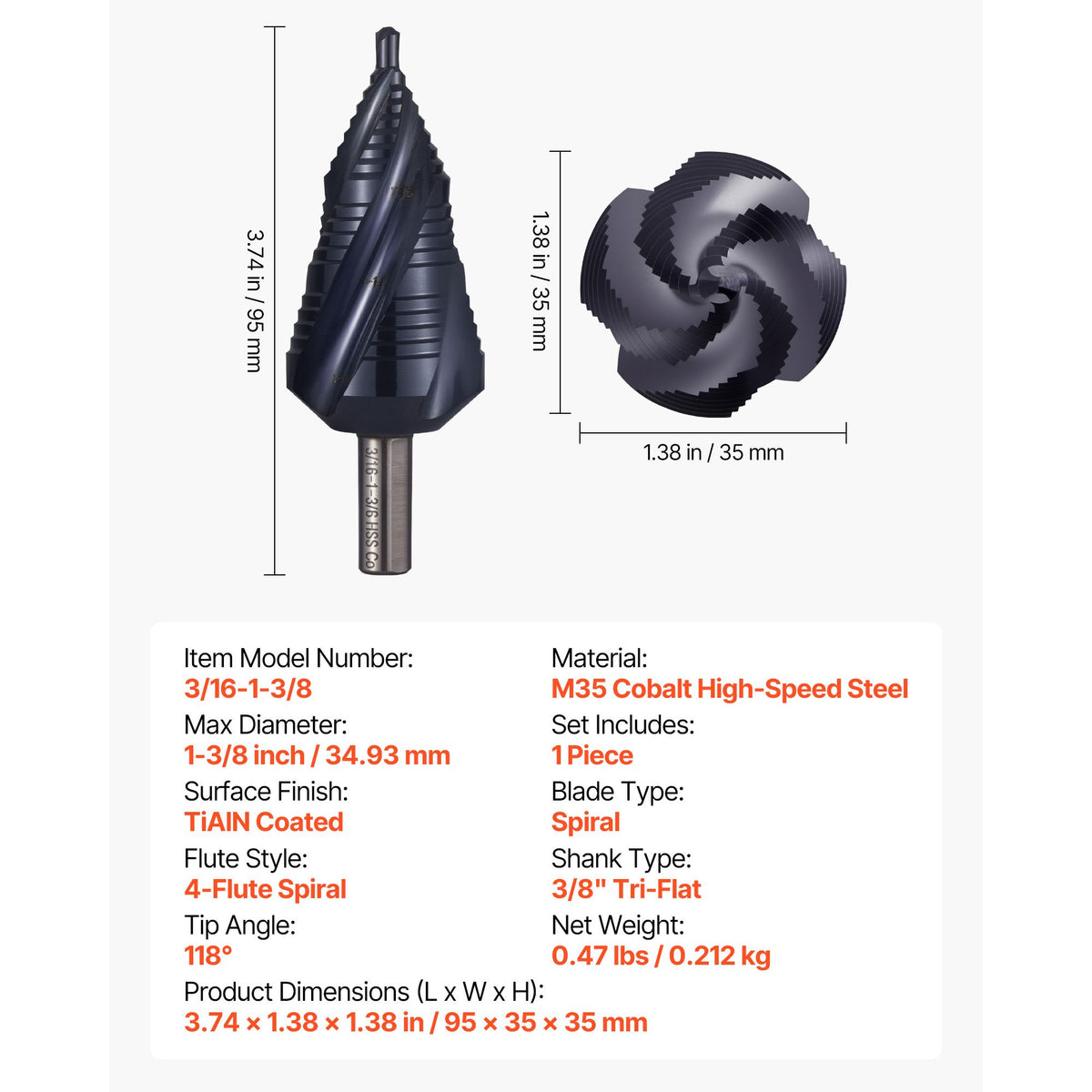 Step Drill Bit, 4.76 to 34.93 mm, 9.53 mm Triangular Shank, TiAlN Coating Cobalt High Speed Steel, Four Spiral Flute Step Bit for Metal, Stainless Steel, Aluminum, Wood, Plastic, Fiberglass