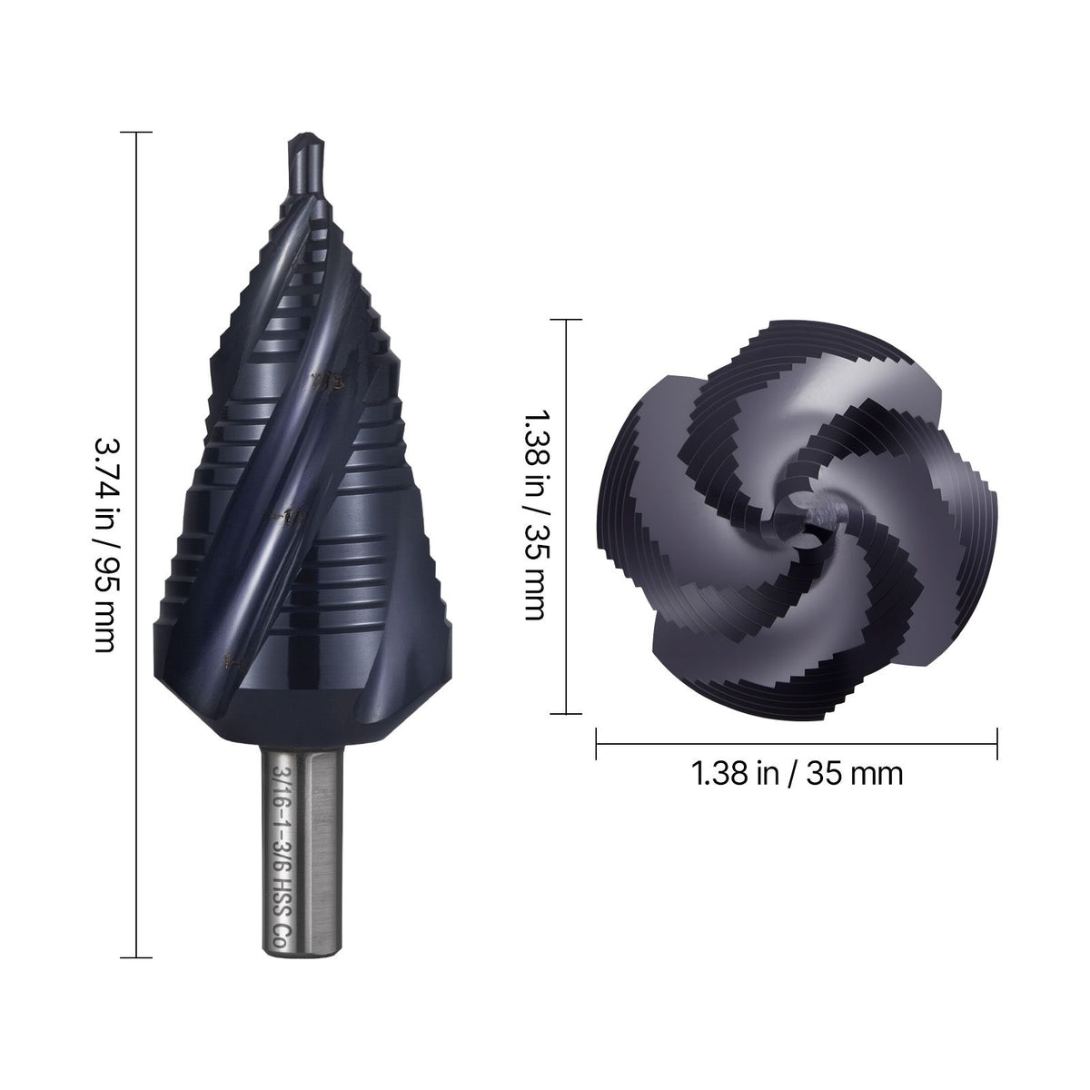 Step Drill Bit, 4.76 to 34.93 mm, 9.53 mm Triangular Shank, TiAlN Coating Cobalt High Speed Steel, Four Spiral Flute Step Bit for Metal, Stainless Steel, Aluminum, Wood, Plastic, Fiberglass