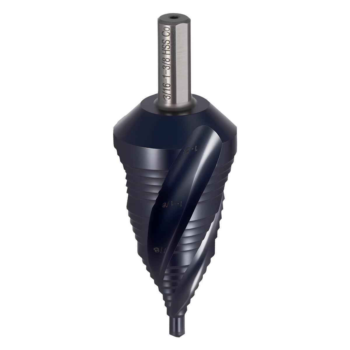 Step Drill Bit, 4.76 to 34.93 mm, 9.53 mm Triangular Shank, TiAlN Coating Cobalt High Speed Steel, Four Spiral Flute Step Bit for Metal, Stainless Steel, Aluminum, Wood, Plastic, Fiberglass