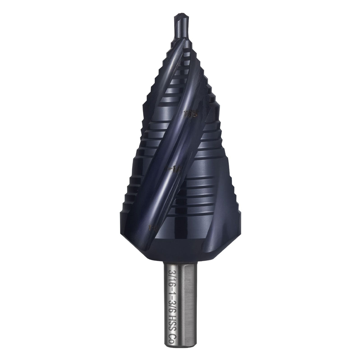 Step Drill Bit, 4.76 to 34.93 mm, 9.53 mm Triangular Shank, TiAlN Coating Cobalt High Speed Steel, Four Spiral Flute Step Bit for Metal, Stainless Steel, Aluminum, Wood, Plastic, Fiberglass