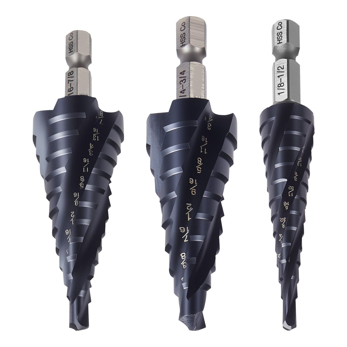 Step Drill Bit Set, 3.2 - 22.2 mm, 3 Pieces Step Drill Bits, 6.35 mm Hex Shank, TiAlN Coating Cobalt HSS High Speed Steel, for Metal, Stainless Steel, Aluminum, Wood, Plastic, Fiberglass
