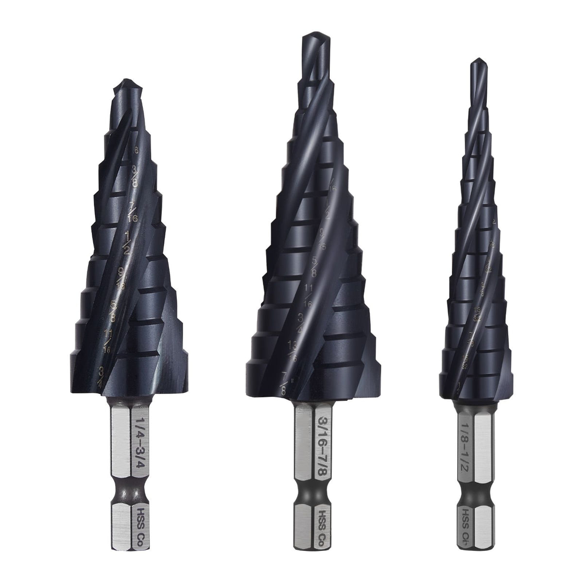 Step Drill Bit Set, 3.2 - 22.2 mm, 3 Pieces Step Drill Bits, 6.35 mm Hex Shank, TiAlN Coating Cobalt HSS High Speed Steel, for Metal, Stainless Steel, Aluminum, Wood, Plastic, Fiberglass