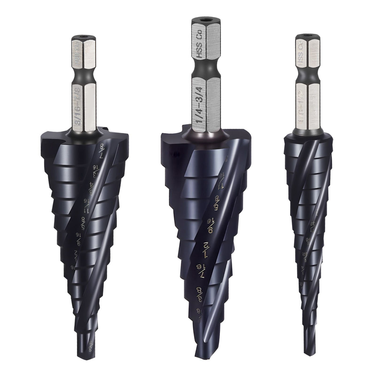 Step Drill Bit Set, 3.2 - 22.2 mm, 3 Pieces Step Drill Bits, 6.35 mm Hex Shank, TiAlN Coating Cobalt HSS High Speed Steel, for Metal, Stainless Steel, Aluminum, Wood, Plastic, Fiberglass