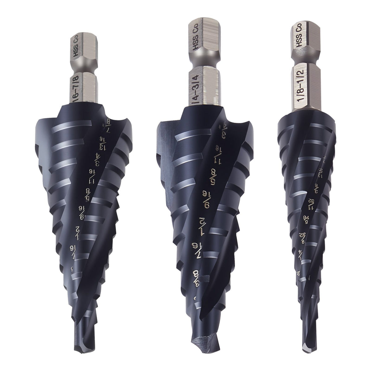 Step Drill Bit Set, 3.2 - 22.2 mm, 3 Pieces Step Drill Bits, 6.35 mm Hex Shank, TiAlN Coating Cobalt HSS High Speed Steel, for Metal, Stainless Steel, Aluminum, Wood, Plastic, Fiberglass