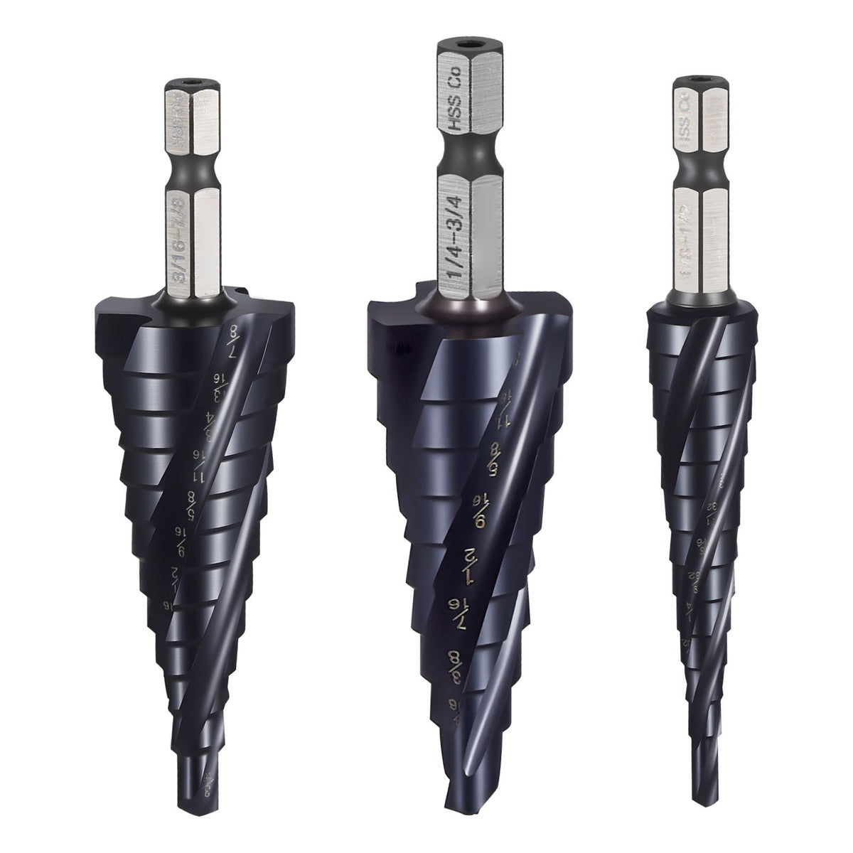 Step Drill Bit Set, 3.2 - 22.2 mm, 3 Pieces Step Drill Bits, 6.35 mm Hex Shank, TiAlN Coating Cobalt HSS High Speed Steel, for Metal, Stainless Steel, Aluminum, Wood, Plastic, Fiberglass