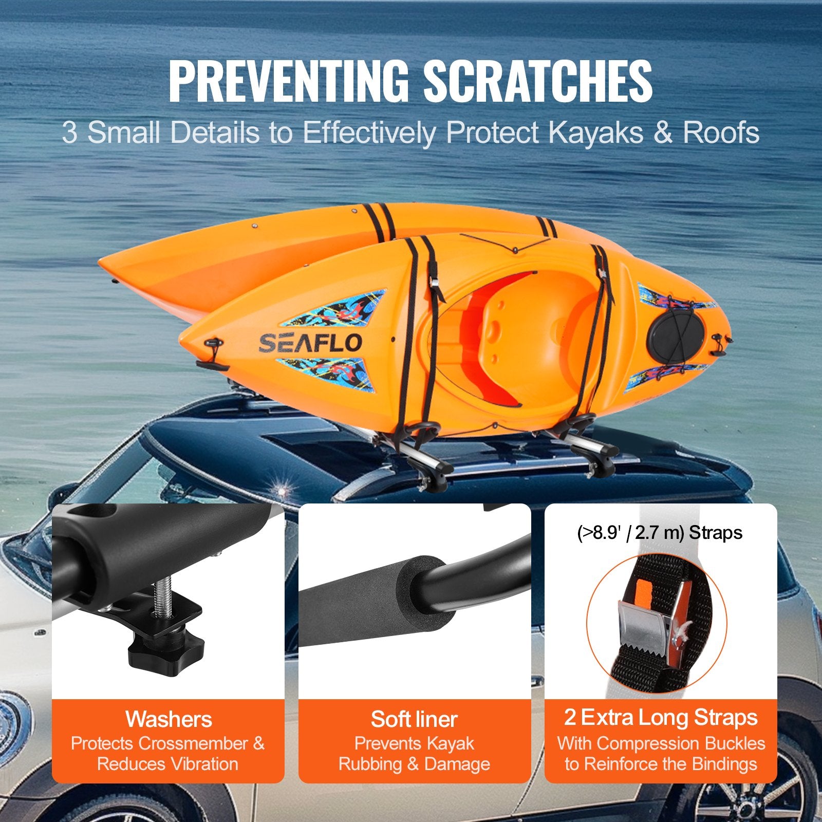 Bicycle Stands & Storage: VEVOR Kayak Roof Rack 2 Pairs J-Bar, Soft Roof Rack, Top Mount Tie Down, Carrier for kayak, Surf Board, Canoe, SUP, Ski Board, Mount on Car, SUV, Truck, 2 Kayaks