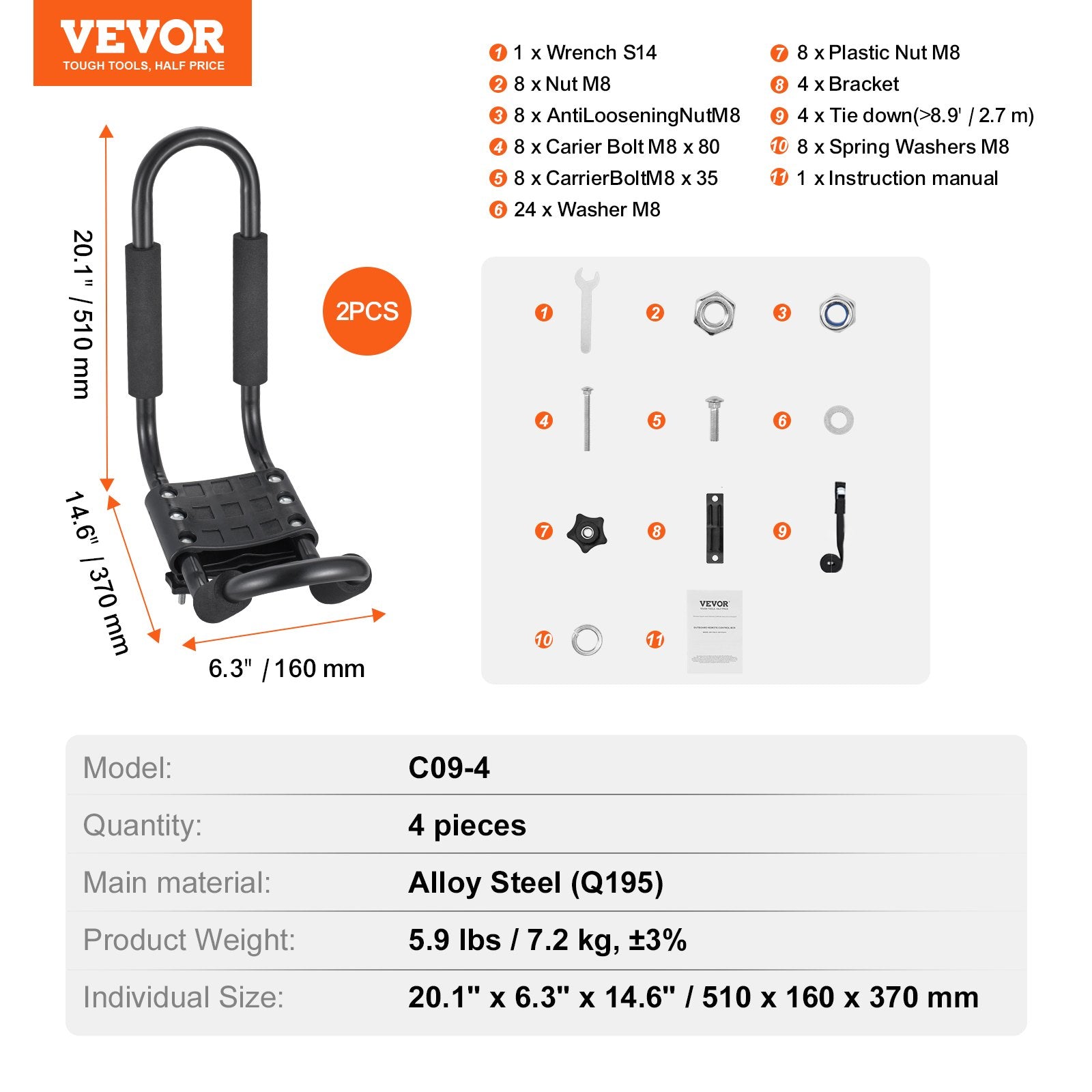 Bicycle Stands & Storage: VEVOR Kayak Roof Rack 2 Pairs J-Bar, Soft Roof Rack, Top Mount Tie Down, Carrier for kayak, Surf Board, Canoe, SUP, Ski Board, Mount on Car, SUV, Truck, 2 Kayaks