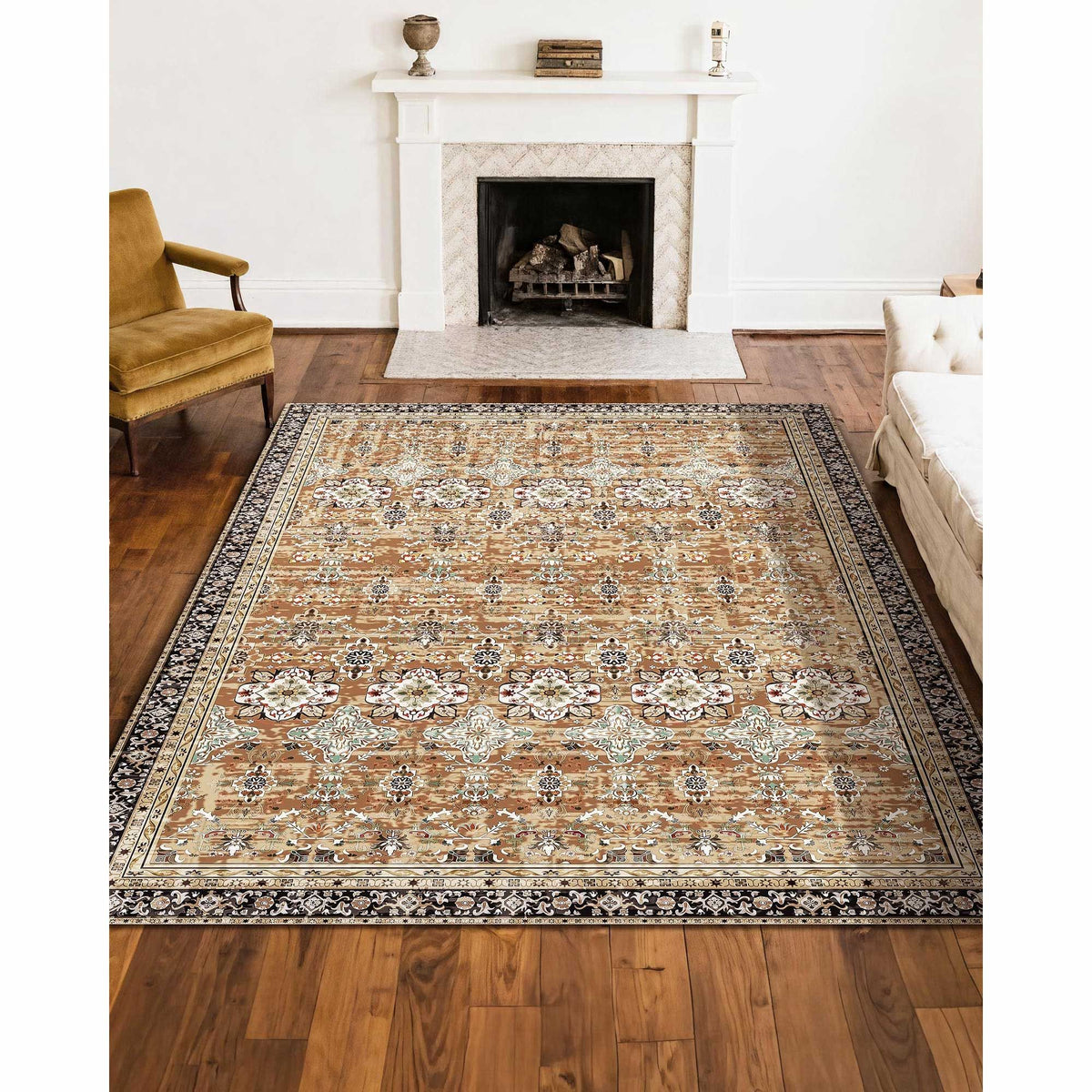 Area Rug, 2438.4 x 3048 mm Large Washable Rug, Non-Slip & Tear-Resistant Soft Carpet, Pet & Child Friendly Vintage Area Rugs, Indoor Mat for Bedroom, Living Room, Kids Room, Office, Brown Green