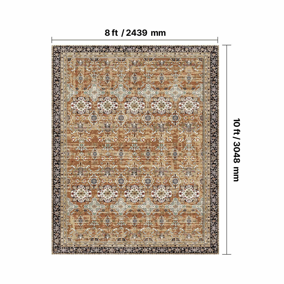 Area Rug, 2438.4 x 3048 mm Large Washable Rug, Non-Slip & Tear-Resistant Soft Carpet, Pet & Child Friendly Vintage Area Rugs, Indoor Mat for Bedroom, Living Room, Kids Room, Office, Brown Green