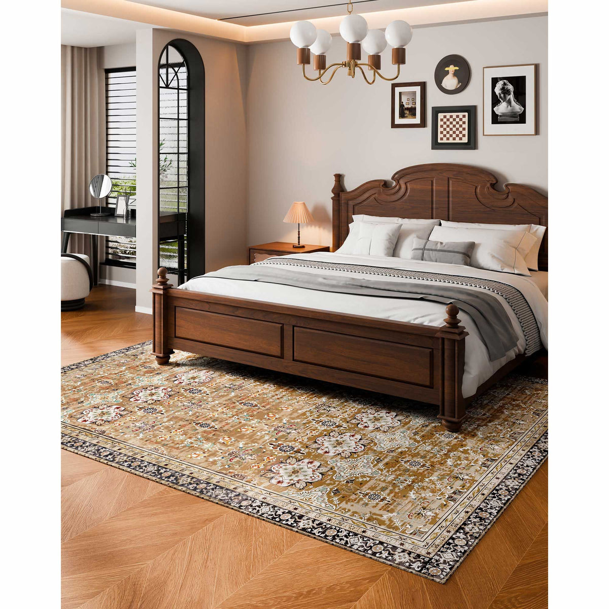 Area Rug, 2438.4 x 3048 mm Large Washable Rug, Non-Slip & Tear-Resistant Soft Carpet, Pet & Child Friendly Vintage Area Rugs, Indoor Mat for Bedroom, Living Room, Kids Room, Office, Brown Green