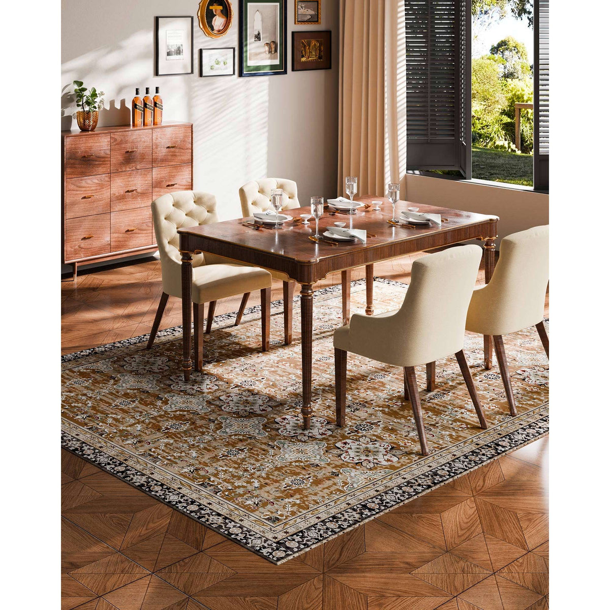 Area Rug, 2438.4 x 3048 mm Large Washable Rug, Non-Slip & Tear-Resistant Soft Carpet, Pet & Child Friendly Vintage Area Rugs, Indoor Mat for Bedroom, Living Room, Kids Room, Office, Brown Green