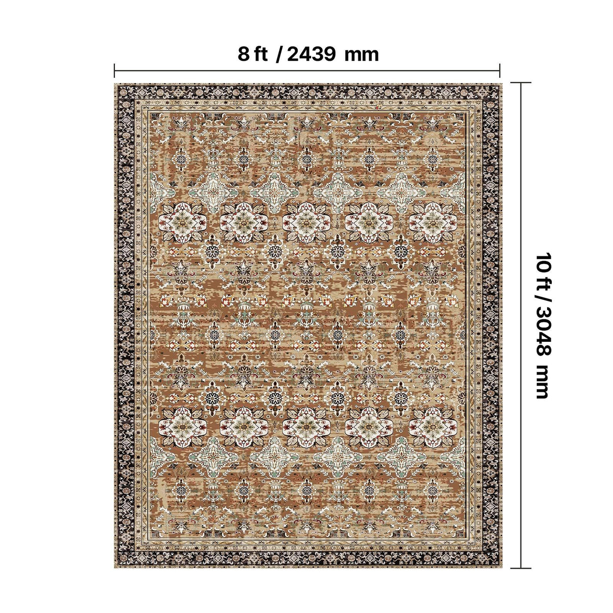 Area Rug, 2438.4 x 3048 mm Large Washable Rug, Non-Slip & Tear-Resistant Soft Carpet, Pet & Child Friendly Vintage Area Rugs, Indoor Mat for Bedroom, Living Room, Kids Room, Office, Brown Green