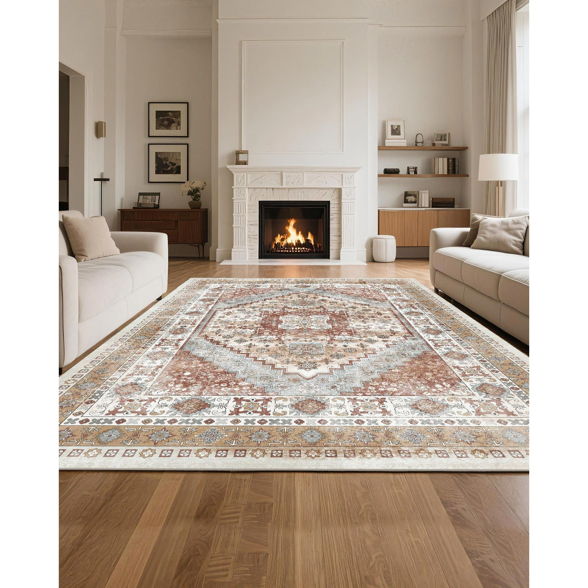 Area Rug, 2438.4 x 3048 mm Large Washable Rug, Non-Slip and Tear-Resistant Soft Carpet, Pet & Child Friendly Vintage Area Rugs, Indoor Mat for Bedroom, Living Room, Kids Room, Office, Brown Red