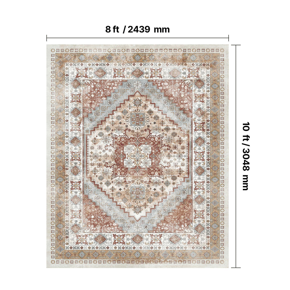 Area Rug, 2438.4 x 3048 mm Large Washable Rug, Non-Slip and Tear-Resistant Soft Carpet, Pet & Child Friendly Vintage Area Rugs, Indoor Mat for Bedroom, Living Room, Kids Room, Office, Brown Red