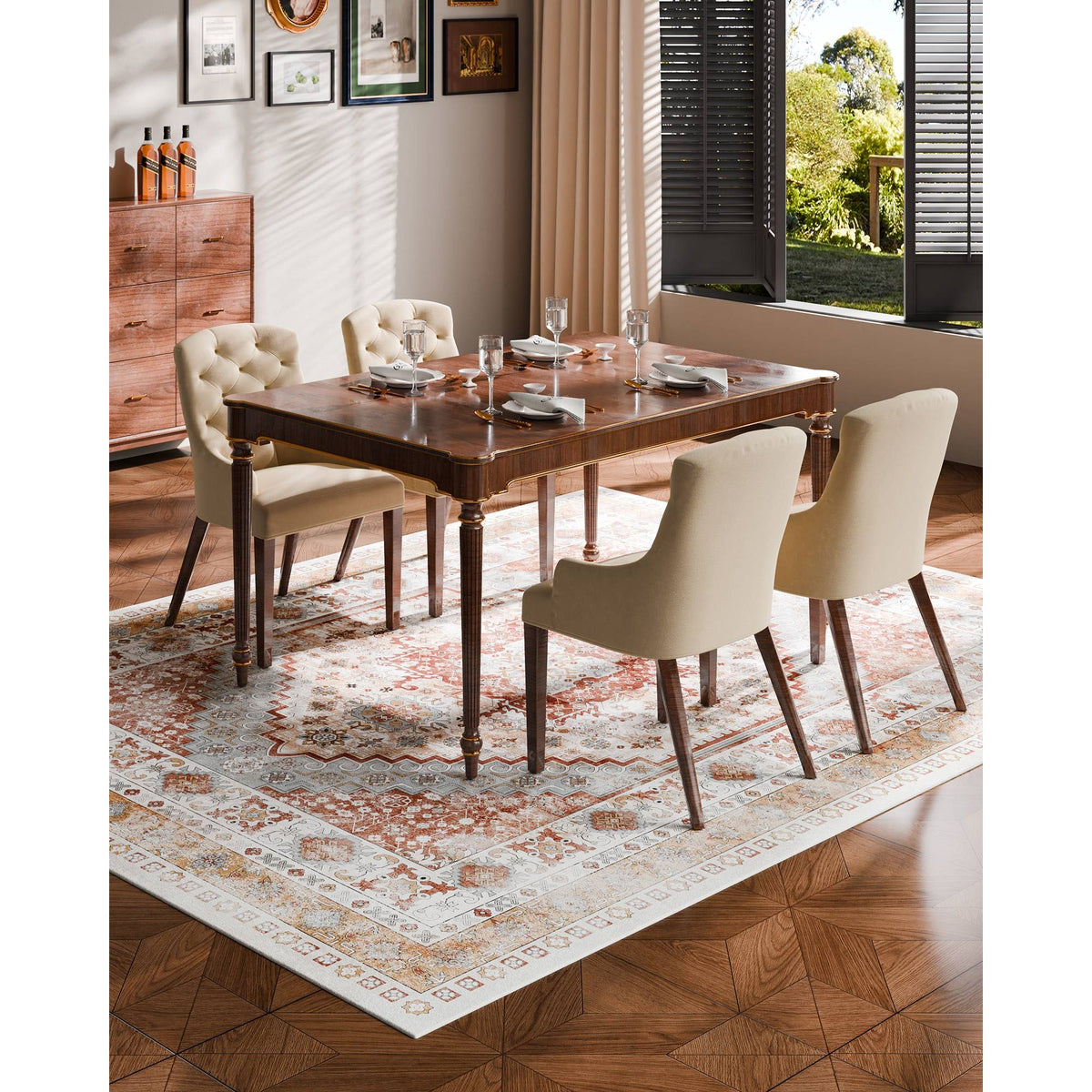 Area Rug, 2438.4 x 3048 mm Large Washable Rug, Non-Slip and Tear-Resistant Soft Carpet, Pet & Child Friendly Vintage Area Rugs, Indoor Mat for Bedroom, Living Room, Kids Room, Office, Brown Red