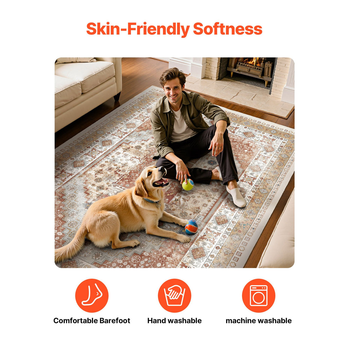Area Rug, 2438.4 x 3048 mm Large Washable Rug, Non-Slip and Tear-Resistant Soft Carpet, Pet & Child Friendly Vintage Area Rugs, Indoor Mat for Bedroom, Living Room, Kids Room, Office, Brown Red