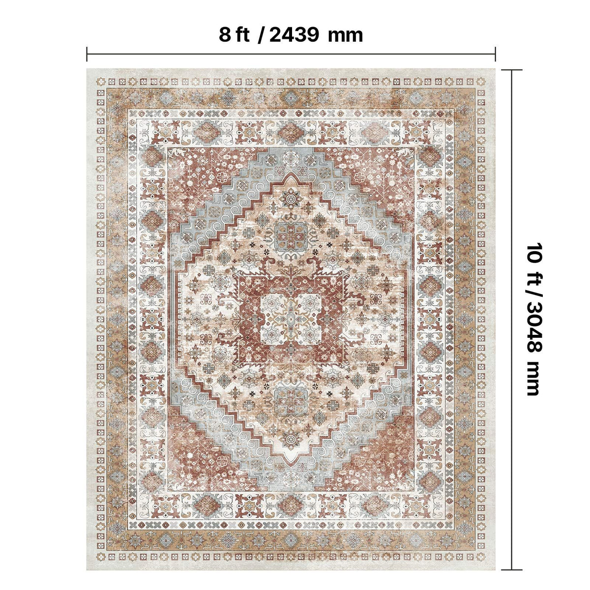 Area Rug, 2438.4 x 3048 mm Large Washable Rug, Non-Slip and Tear-Resistant Soft Carpet, Pet & Child Friendly Vintage Area Rugs, Indoor Mat for Bedroom, Living Room, Kids Room, Office, Brown Red