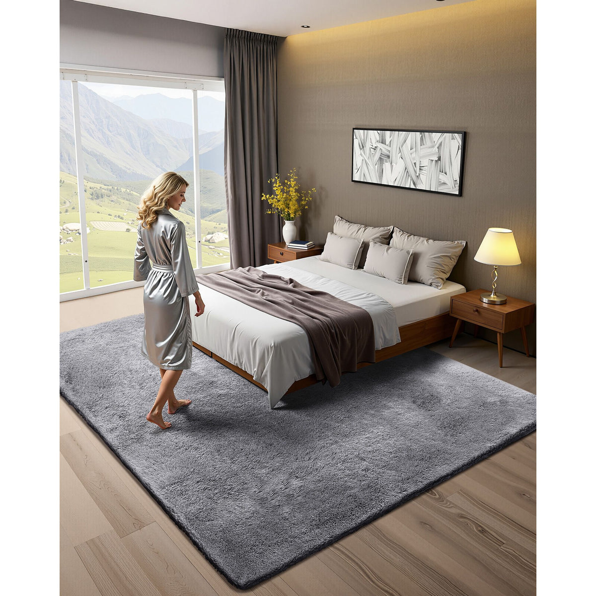 Indoor Plush Area Rugs, 2.44 x 3.05m Soft Plush Carpet, Furry Shag Area Rugs for Living Room, Bedroom, Sunroom, Modern Home Decor Aesthetic, Non-Shedding, Non-Woven, Slip-Resistant, Smoke Gray