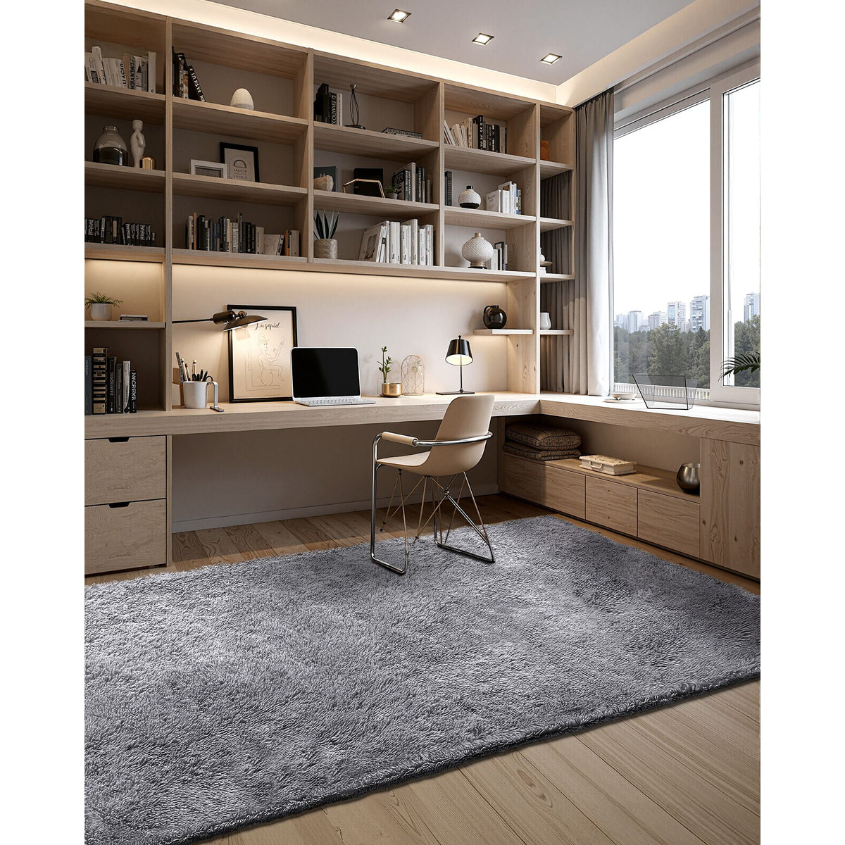 Indoor Plush Area Rugs, 2.44 x 3.05m Soft Plush Carpet, Furry Shag Area Rugs for Living Room, Bedroom, Sunroom, Modern Home Decor Aesthetic, Non-Shedding, Non-Woven, Slip-Resistant, Smoke Gray