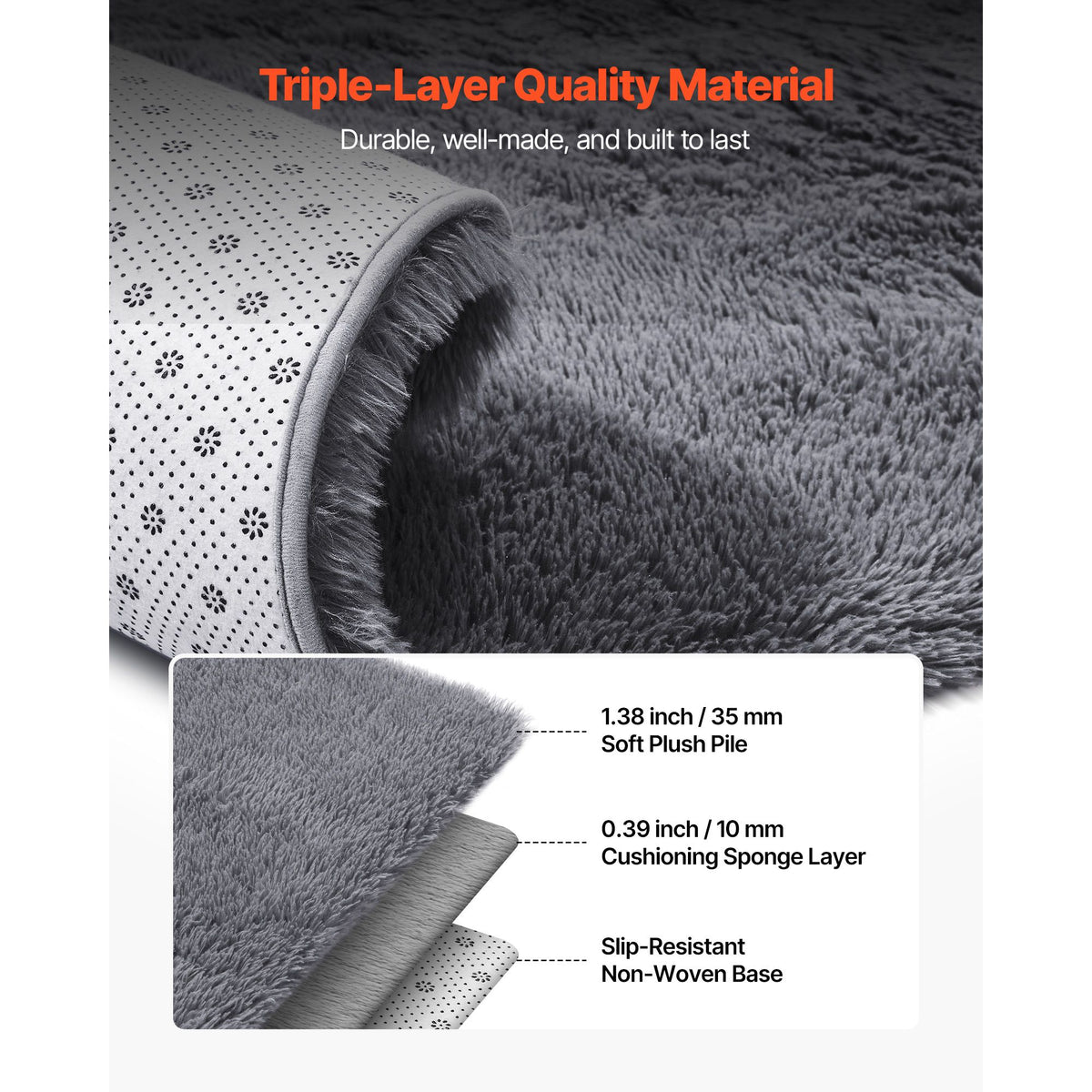 Indoor Plush Area Rugs, 2.44 x 3.05m Soft Plush Carpet, Furry Shag Area Rugs for Living Room, Bedroom, Sunroom, Modern Home Decor Aesthetic, Non-Shedding, Non-Woven, Slip-Resistant, Smoke Gray