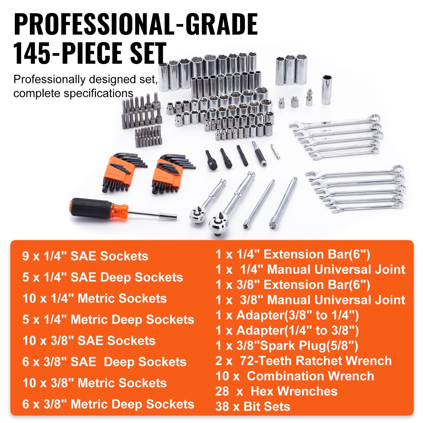 Automotive Repair & Speciality Tools: VEVOR Mechanics Tool Set and Socket Set 1/4in 3/8in Drive 145 Pcs SAE and Metric
