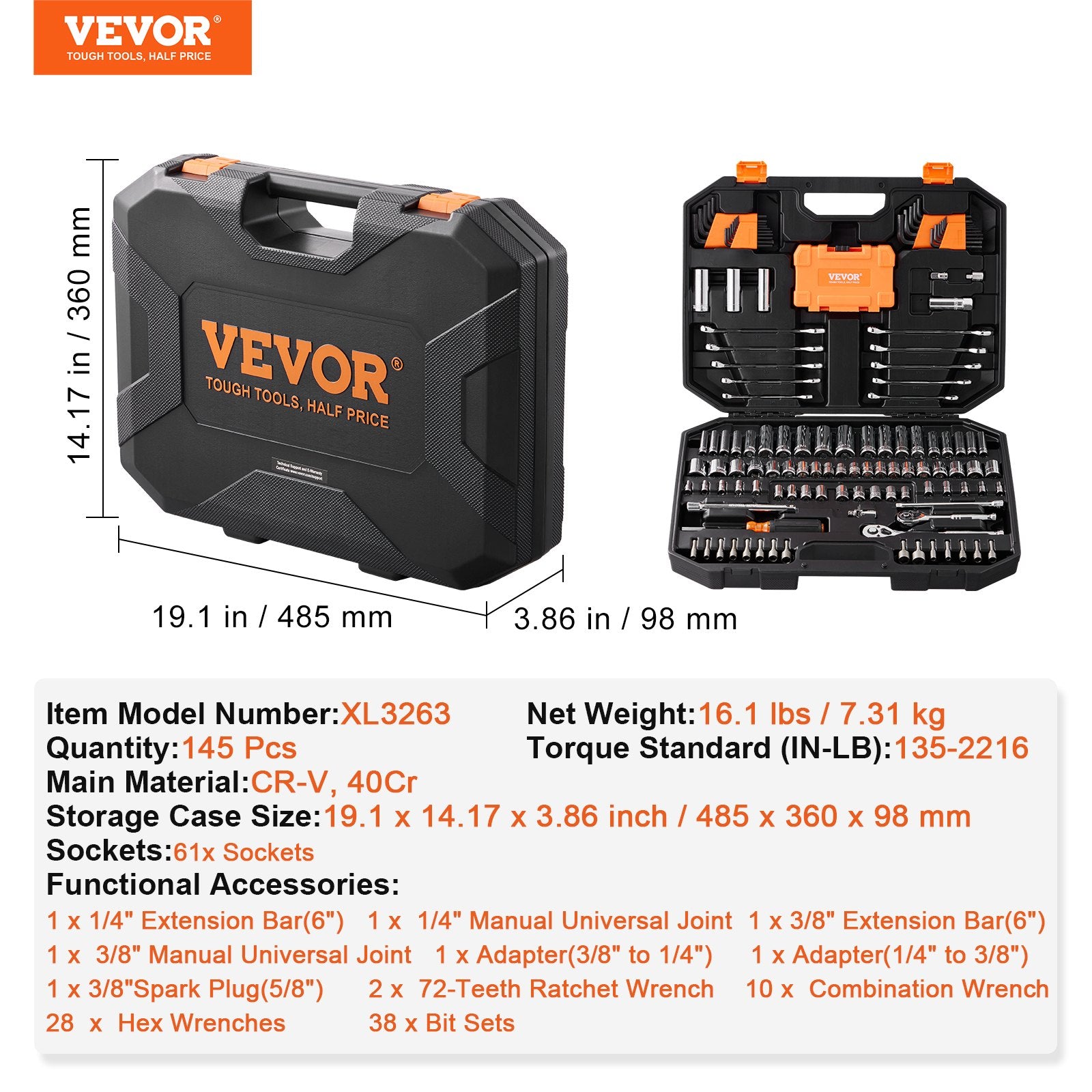Automotive Repair & Speciality Tools: VEVOR Mechanics Tool Set and Socket Set 1/4in 3/8in Drive 145 Pcs SAE and Metric