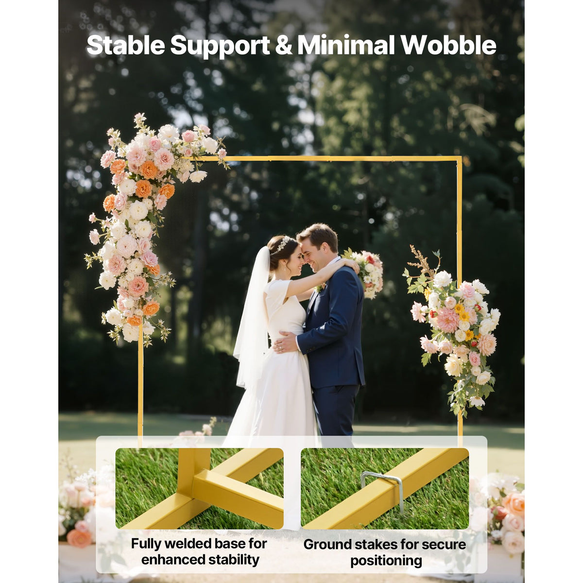 Arch Backdrop Stand, 2 x 2 m, Stable Structure, Easy Assembly, Square Gold Metal Arch Backdrop Stand for Wedding, Birthday Party, Graduation, Holiday Celebration, and Ceremony Decoration