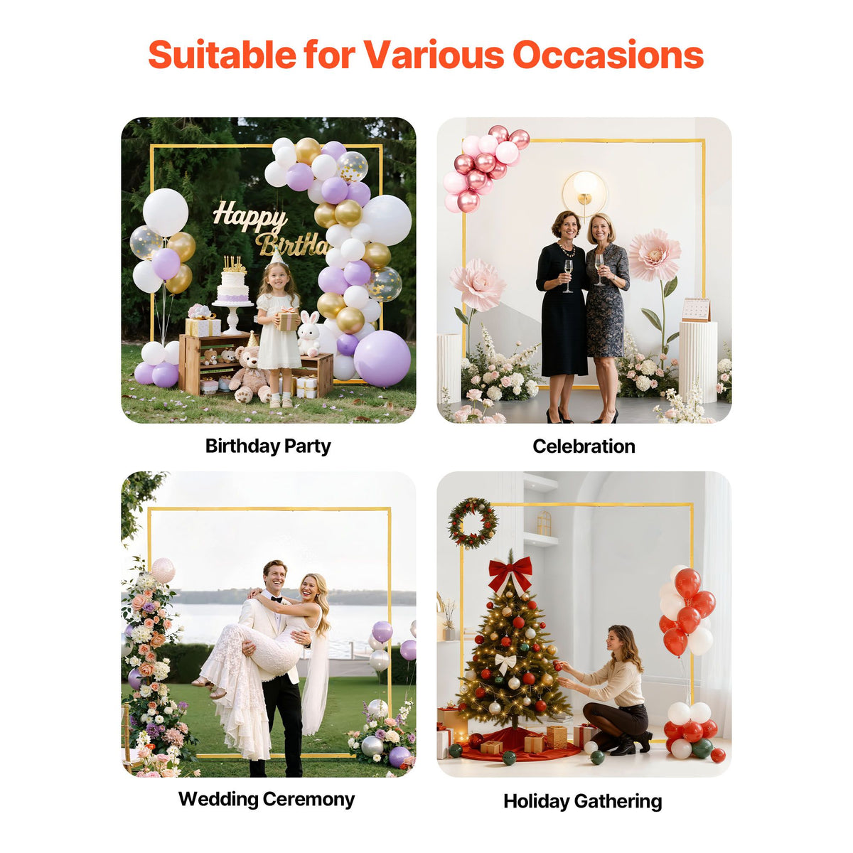 Arch Backdrop Stand, 2 x 2 m, Stable Structure, Easy Assembly, Square Gold Metal Arch Backdrop Stand for Wedding, Birthday Party, Graduation, Holiday Celebration, and Ceremony Decoration