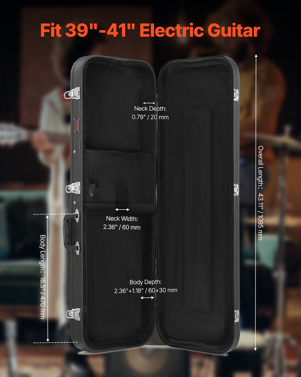 Guitars: VEVOR Electric Guitar Hard Case, 1095 mm Rectangular Guitar Hard Case, With Lock Latch Keys Handle, PVC Padding Soft Lining Water-Resistant Hard Shell Guitar Cases, for 990 mm Electric Guitars, Black