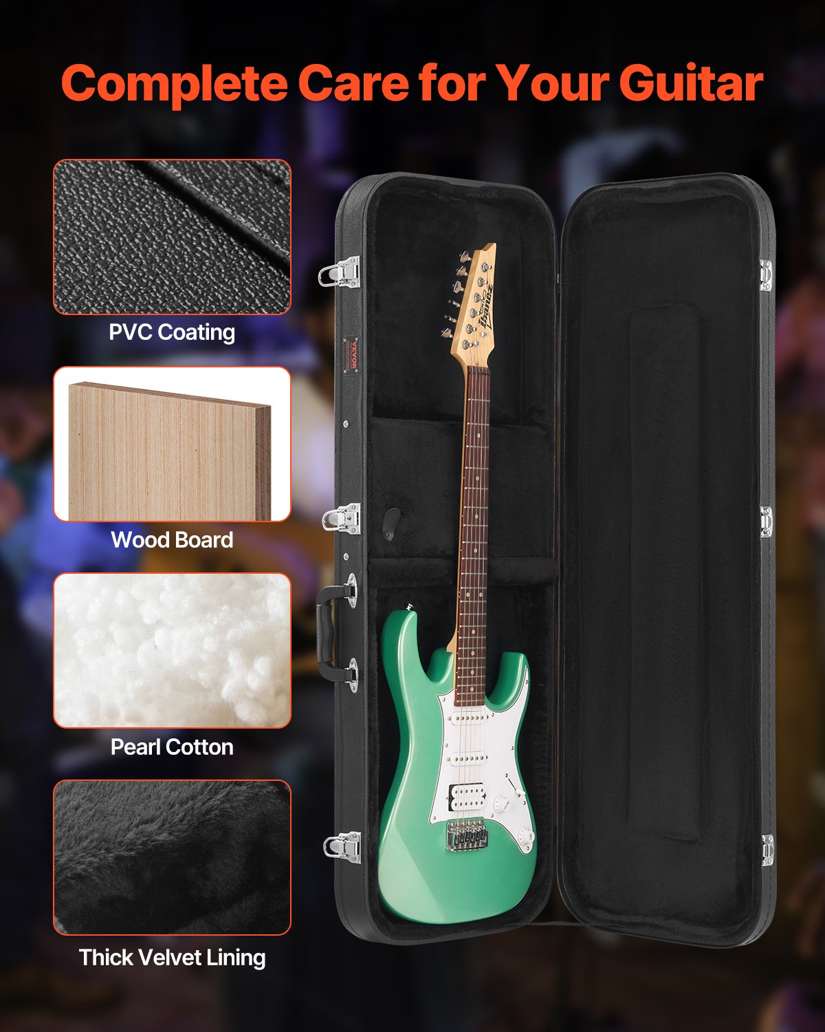 Guitars: VEVOR Electric Guitar Hard Case, 1095 mm Rectangular Guitar Hard Case, With Lock Latch Keys Handle, PVC Padding Soft Lining Water-Resistant Hard Shell Guitar Cases, for 990 mm Electric Guitars, Black