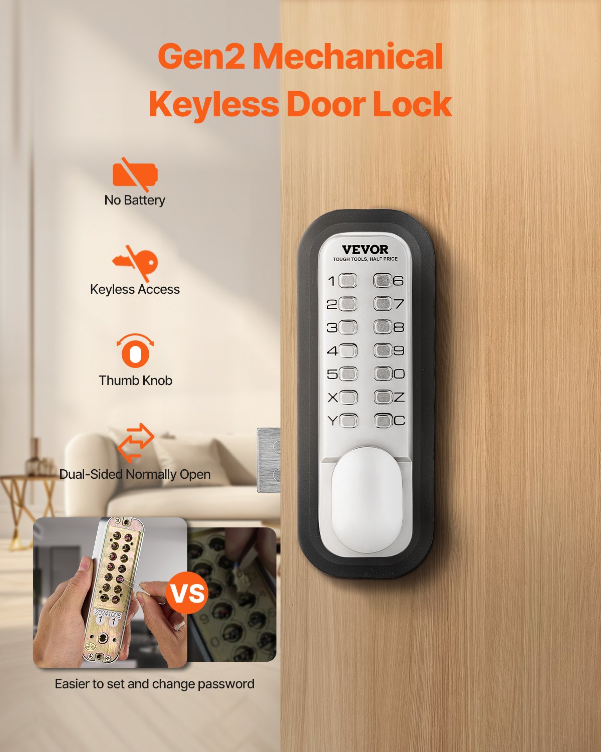 Electronic Door Locks: VEVOR Mechanical Keyless Entry Door Lock, 14 Key Mechanical Door Lock, Mechanical Keypad Door Lock with Adjustable Thumb Knob, Single-Side Zinc Alloy Waterproof Keyless Gate Lock, for Home Office