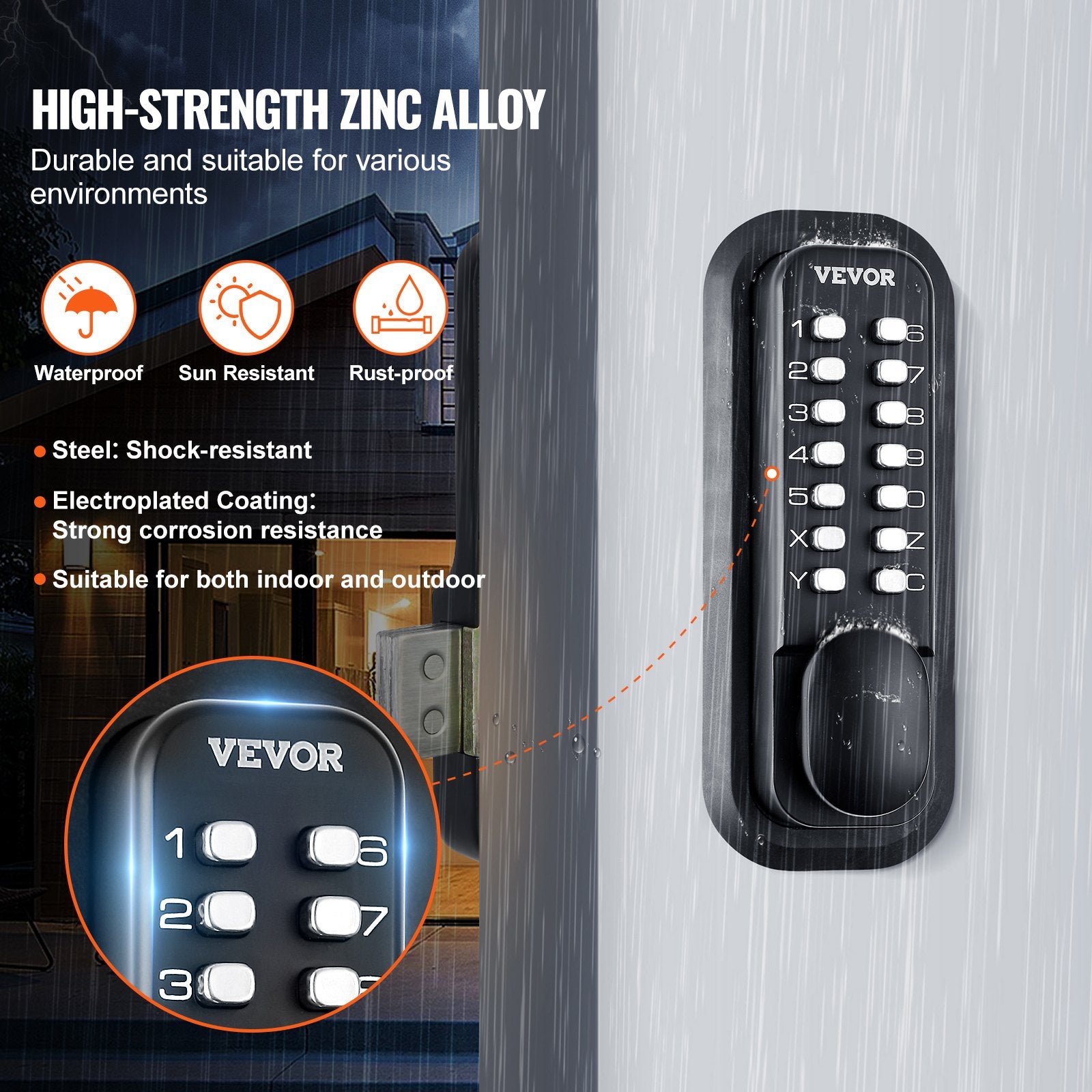 Mechanical Keyless Entry Door Lock, 14 Digit Keypad, Water-proof Zinc Alloy, Outdoor Gate Door Locks Set with Surface-mounted Latch, Keypad and Knob, Easy to Install, for Garden, Garage, Yard