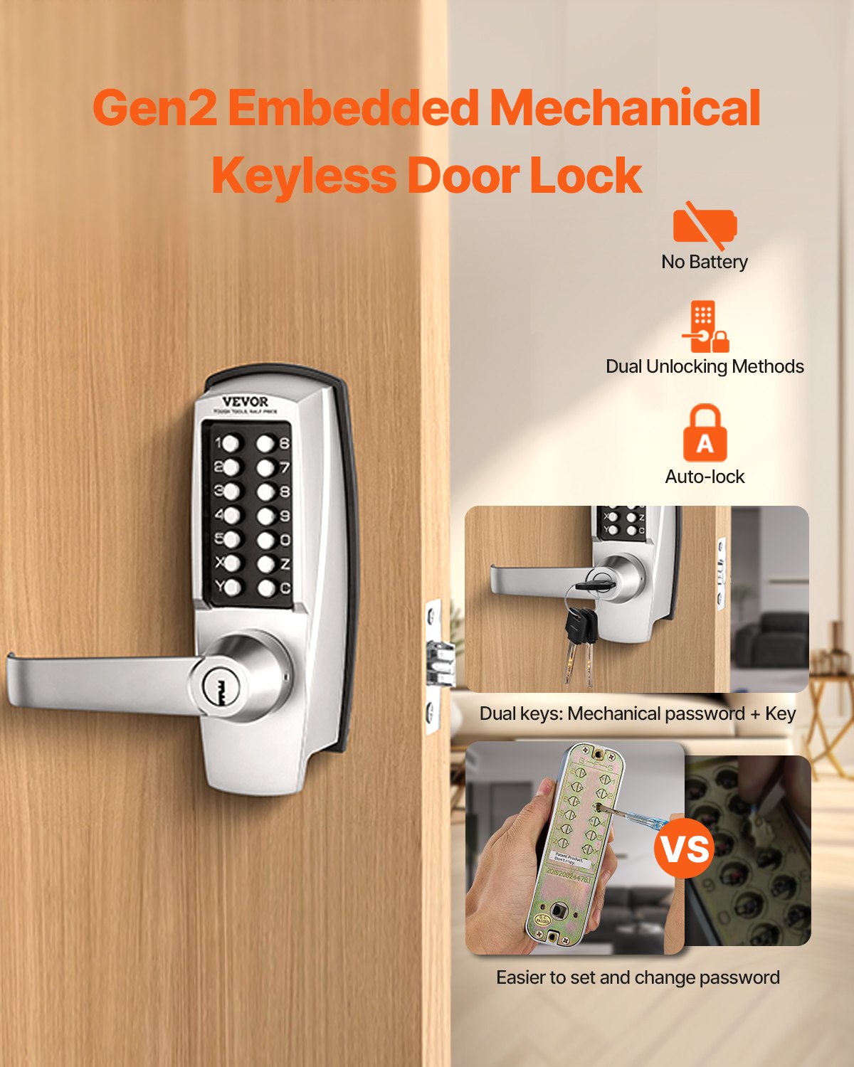 Mechanical Keyless Entry Door Lock, 14 Key Mechanical Door Lock with Keys, Mechanical Keypad Door Lock with Handle, Stainless Steel Waterproof Keyless Gate Lock, for Home Office Outdoor Garage