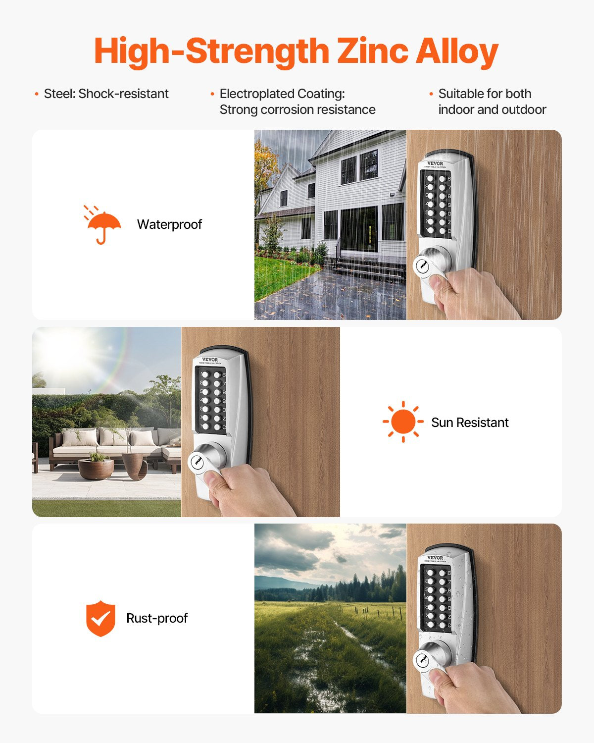 Mechanical Keyless Entry Door Lock, 14 Key Mechanical Door Lock with Keys, Mechanical Keypad Door Lock with Handle, Stainless Steel Waterproof Keyless Gate Lock, for Home Office Outdoor Garage