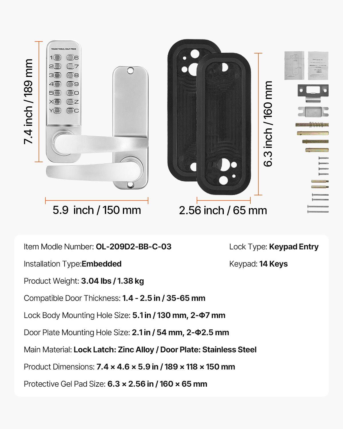 Mechanical Keyless Entry Door Lock, 14 Key Mechanical Door Lock, Mechanical Keypad Door Lock with Handle, Stainless Steel Waterproof Keyless Gate Lock, for Home Office Outdoor Fence Garage Yard
