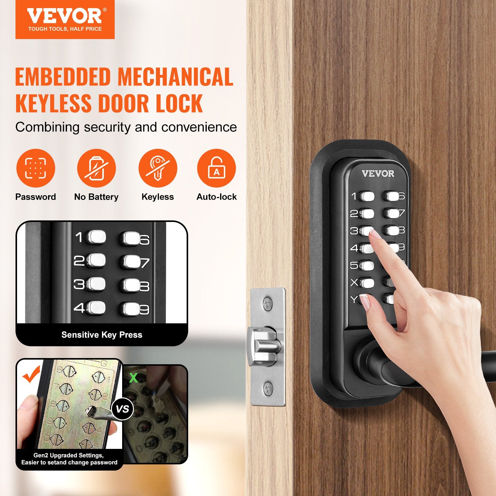 Fence & Gate Accessories: VEVOR Mechanical Keyless Entry Door Lock 14 Digit Keypad and Handle Embedded