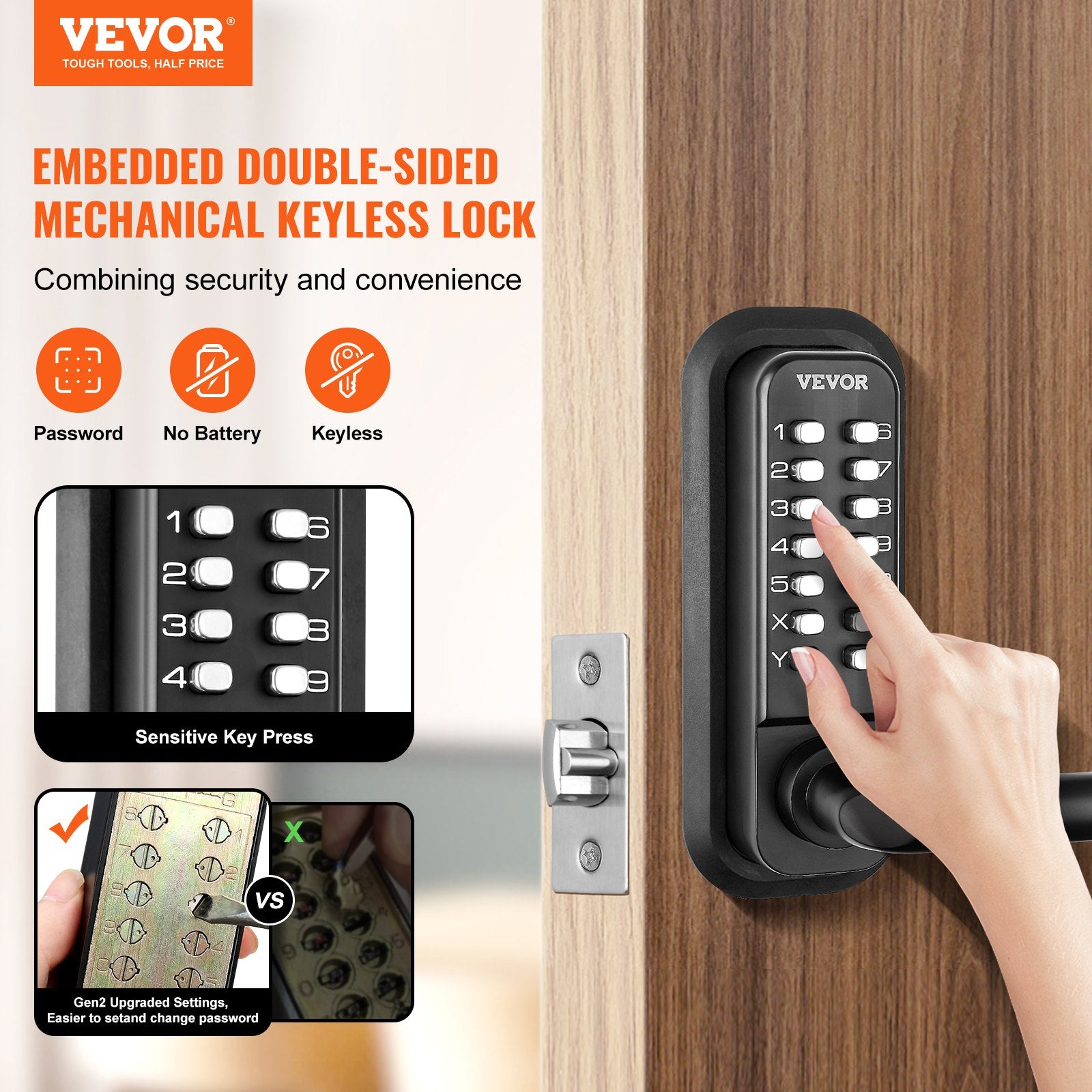 Fence & Gate Accessories: VEVOR Mechanical Keyless Entry Door Lock, 14 Digit Keypad, Water-proof Zinc Alloy, Double-sided Embedded Outdoor Gate Door Locks Set with Keypad and Handle, Easy to Install, for Garden, Garage, Yard