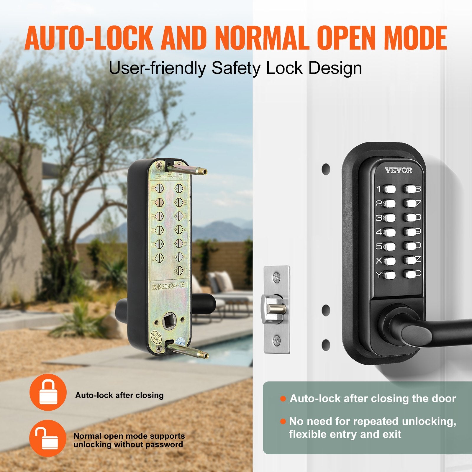 Fence & Gate Accessories: VEVOR Mechanical Keyless Entry Door Lock, 14 Digit Keypad, Water-proof Zinc Alloy, Double-sided Embedded Outdoor Gate Door Locks Set with Keypad and Handle, Easy to Install, for Garden, Garage, Yard
