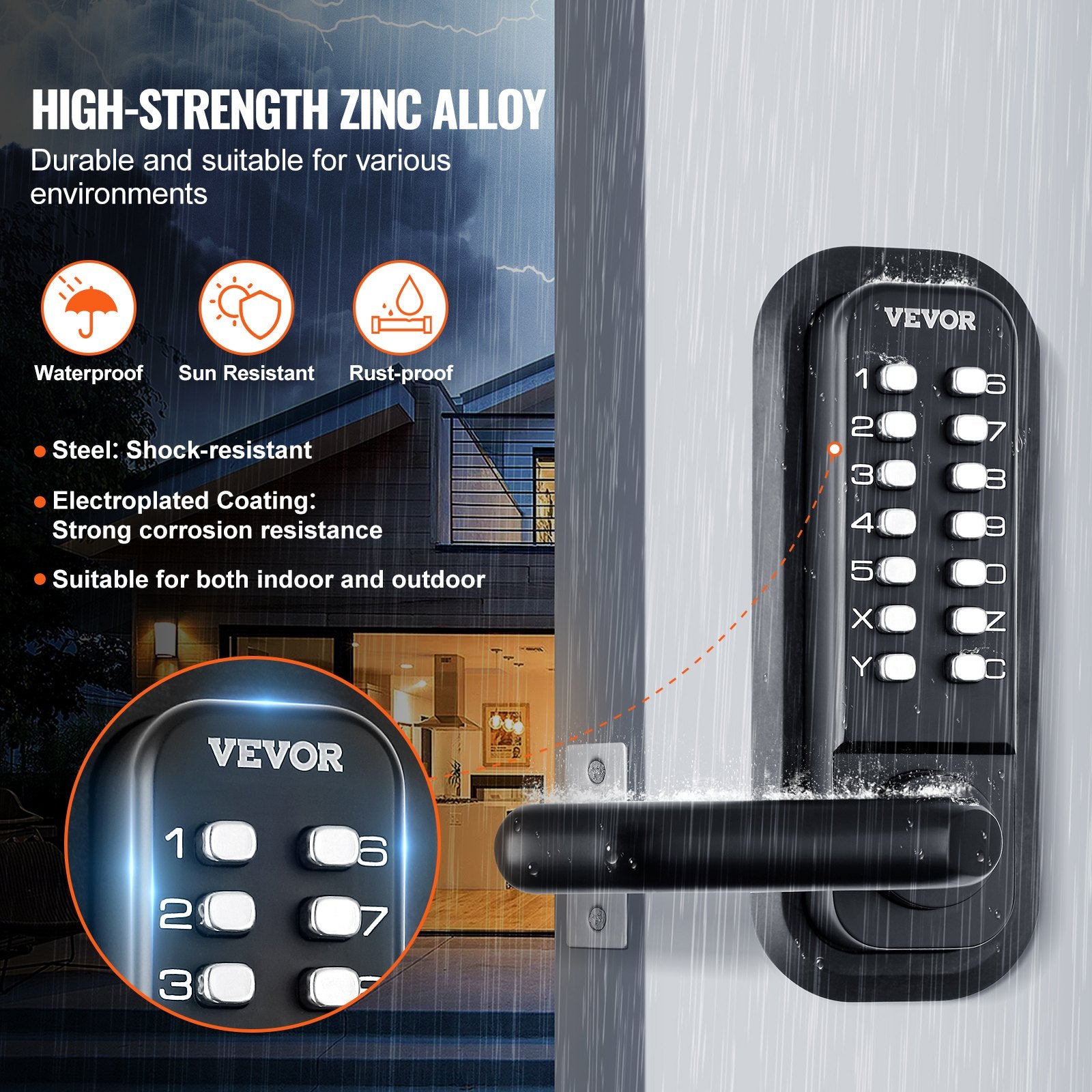 Fence & Gate Accessories: VEVOR Mechanical Keyless Entry Door Lock, 14 Digit Keypad, Water-proof Zinc Alloy, Double-sided Embedded Outdoor Gate Door Locks Set with Keypad and Handle, Easy to Install, for Garden, Garage, Yard