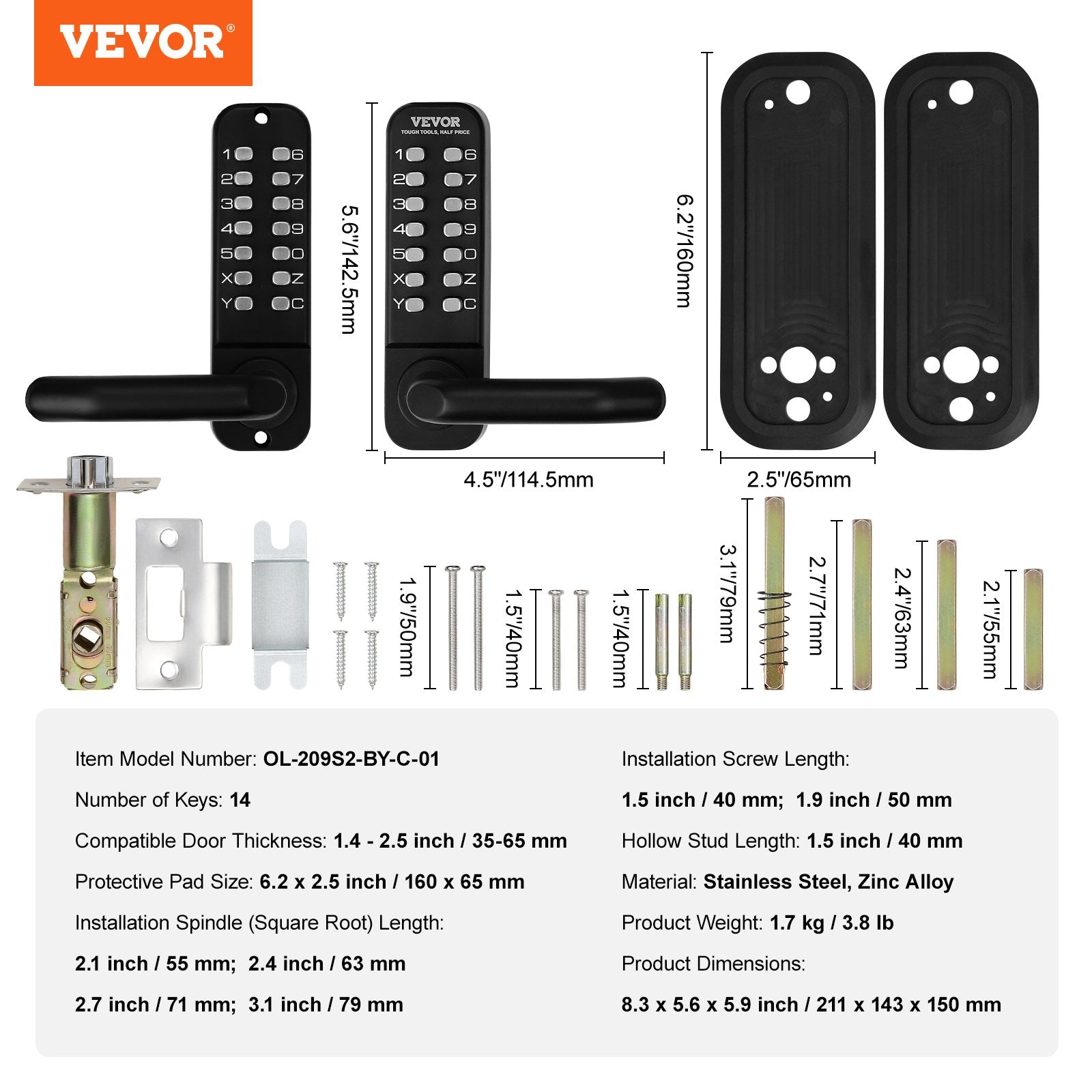 Fence & Gate Accessories: VEVOR Mechanical Keyless Entry Door Lock, 14 Digit Keypad, Water-proof Zinc Alloy, Double-sided Embedded Outdoor Gate Door Locks Set with Keypad and Handle, Easy to Install, for Garden, Garage, Yard