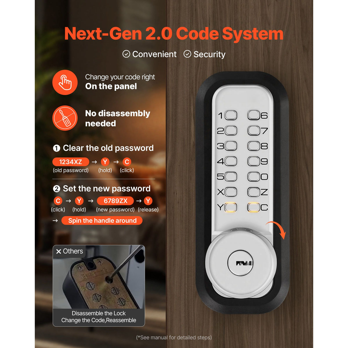 Mechanical Keyless Entry Door Lock, 2.0 Code Upgrade, 4-7 Digits Code, Single-Sided Push Button Combination Mechanical Keypad Door Knob, Auto Locking, for Garden Gates, Indoor or Outdoor, Silver