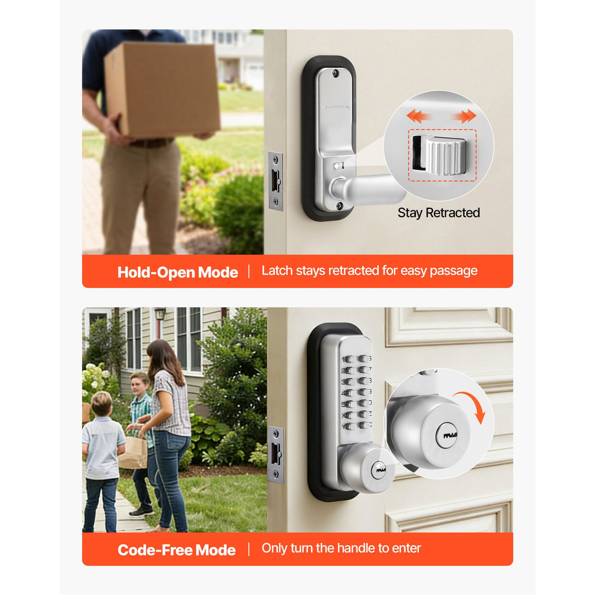 Mechanical Keyless Entry Door Lock, 2.0 Code Upgrade, 4-7 Digits Code, Single-Sided Push Button Combination Mechanical Keypad Door Knob, Auto Locking, for Garden Gates, Indoor or Outdoor, Silver