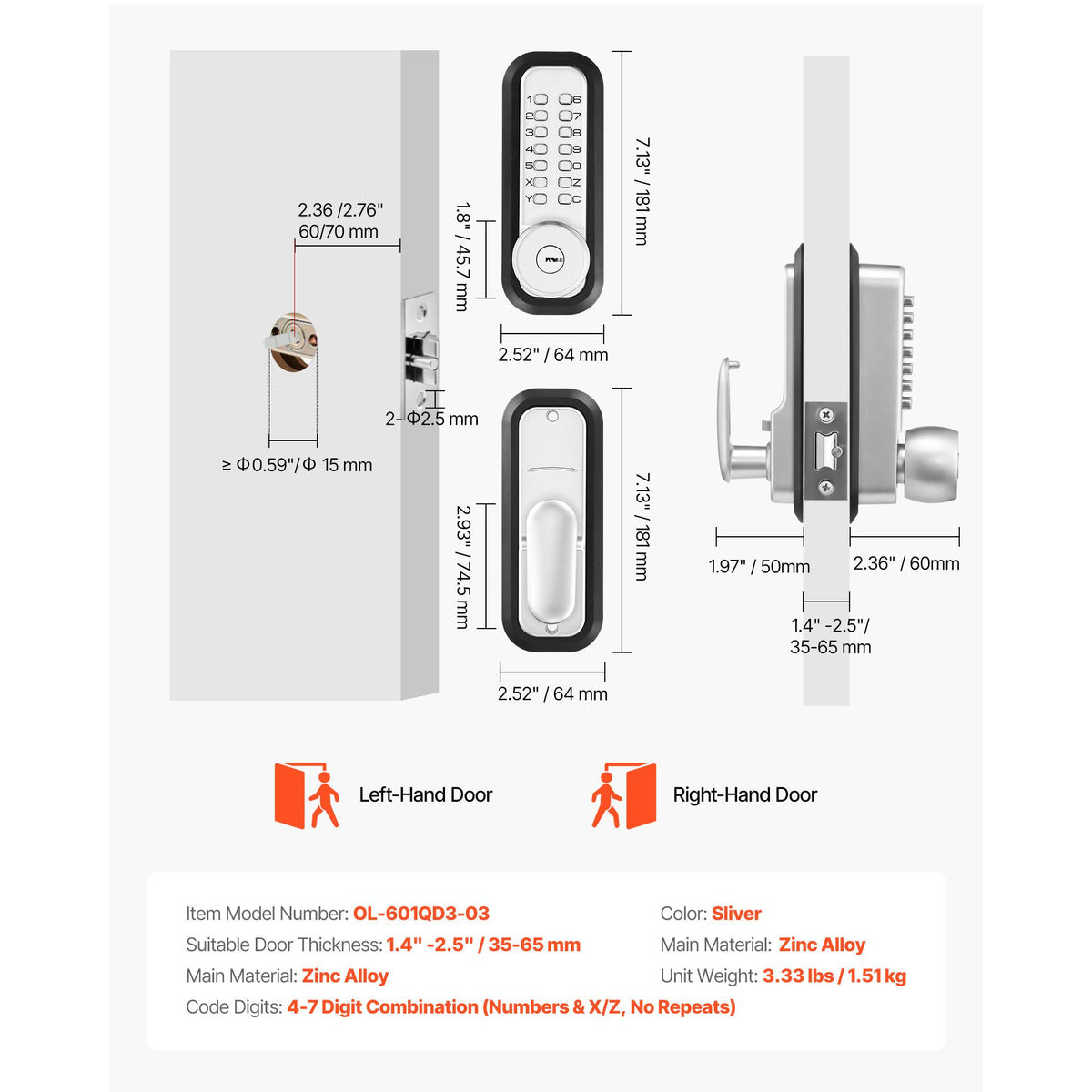 Mechanical Keyless Entry Door Lock, 2.0 Code Upgrade, 4-7 Digits Code, Single-Sided Push Button Combination Mechanical Keypad Door Knob, Auto Locking, for Garden Gates, Indoor or Outdoor, Silver