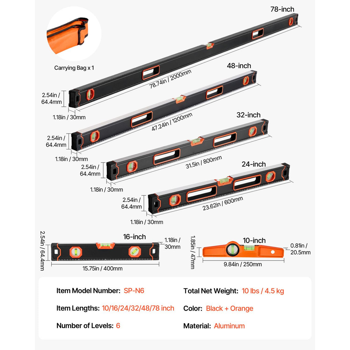 6-Piece Torpedo Level, 2000/1200/800/600/400/250 mm Box Levels Set, Bubble Vials Ruler for 45/90/180 Degree, Shock-Proof Aluminum Alloy Magnetic Leveler Tool, SAE/Metric Scale(250-mm has magnet)