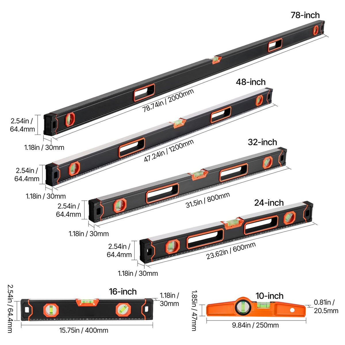 6-Piece Torpedo Level, 2000/1200/800/600/400/250 mm Box Levels Set, Bubble Vials Ruler for 45/90/180 Degree, Shock-Proof Aluminum Alloy Magnetic Leveler Tool, SAE/Metric Scale(250-mm has magnet)